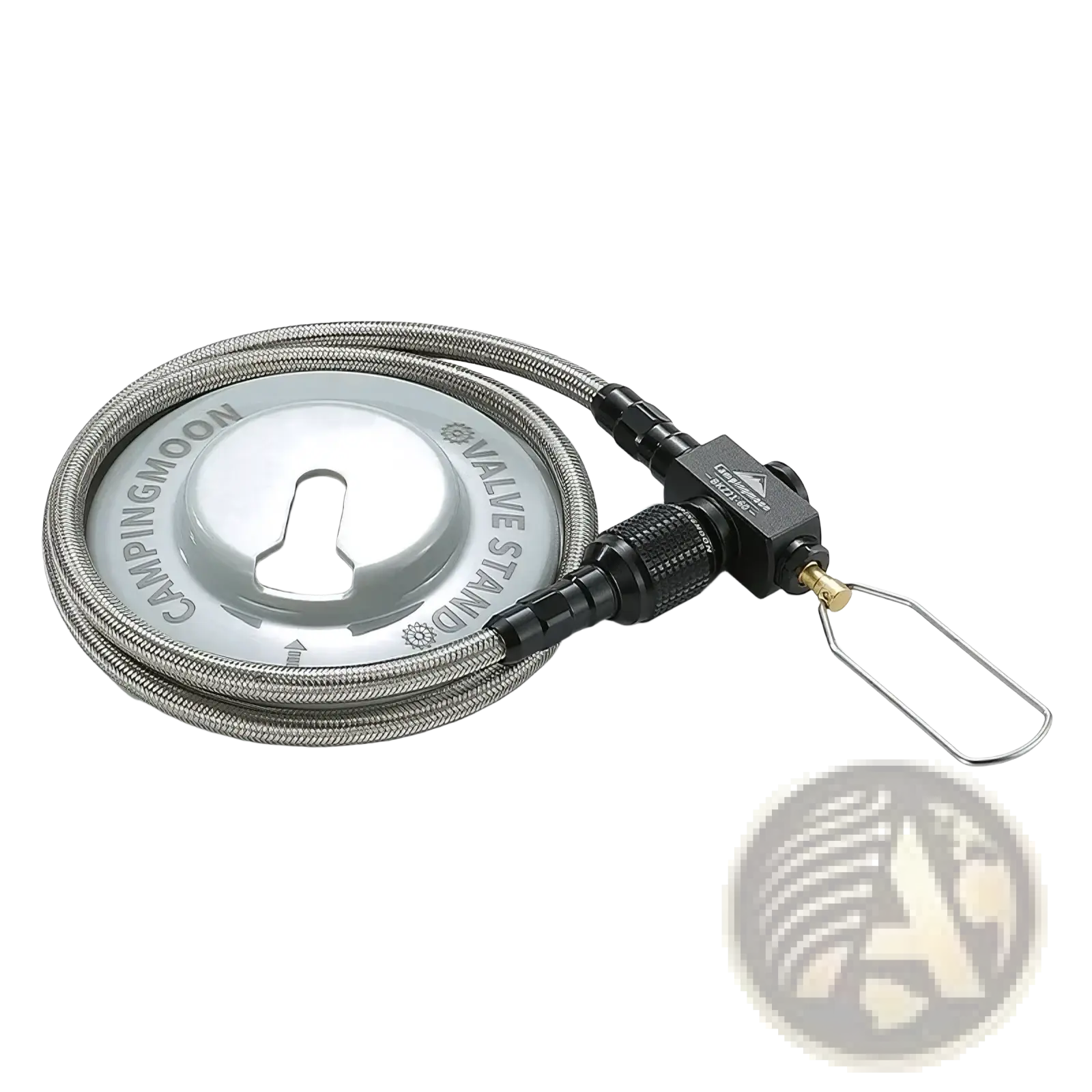 Campingmoon gas stove extension hose with valve featuring a silver metallic stove, coiled stainless steel hose, and black valve assembly