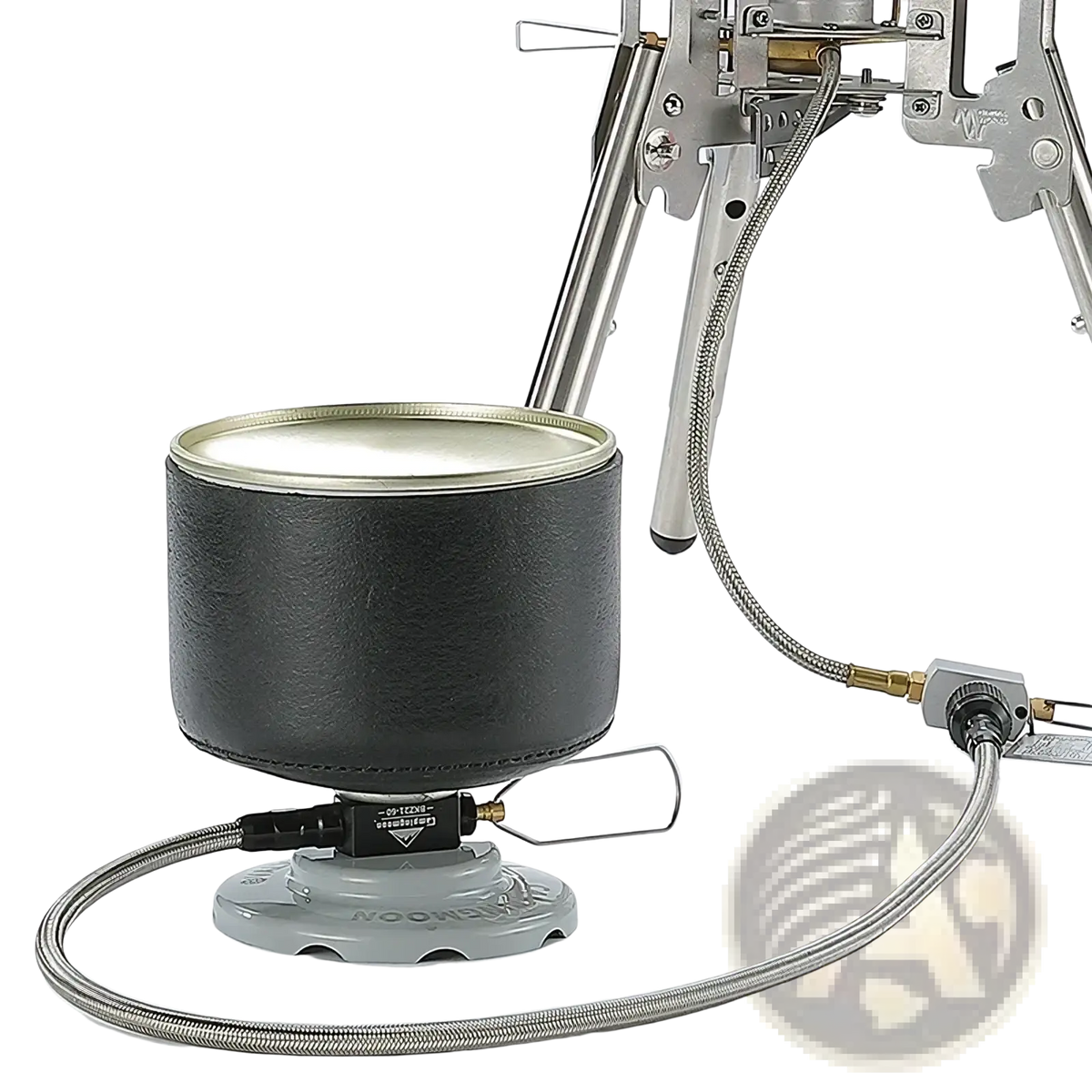 Black leather-coated camping pot with metallic rim for portable outdoor cooking featured with campingmoon gas stove extension hose with valve