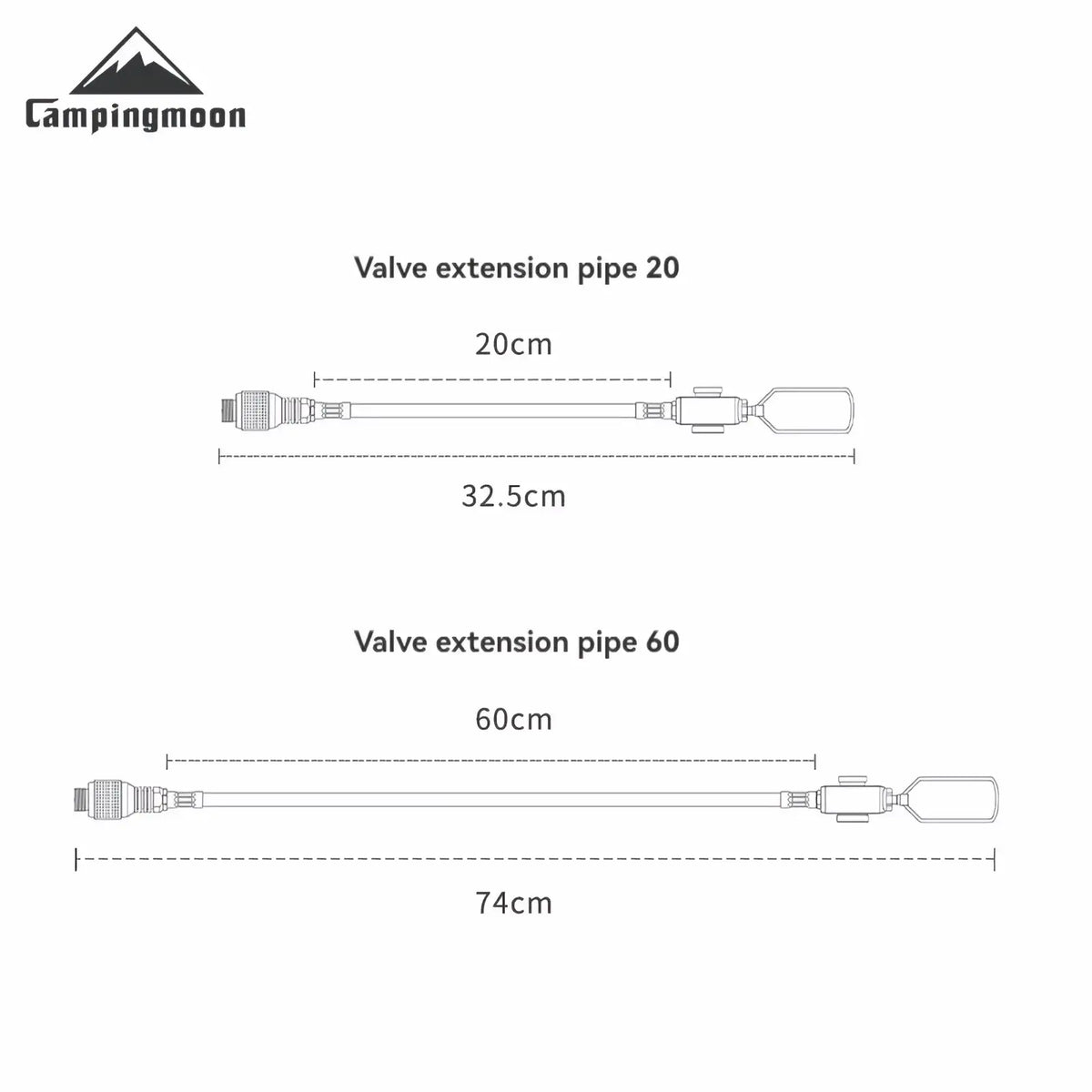 Campingmoon gas stove extension hose with valve featuring black valve extension pipes in 20cm and 60cm lengths
