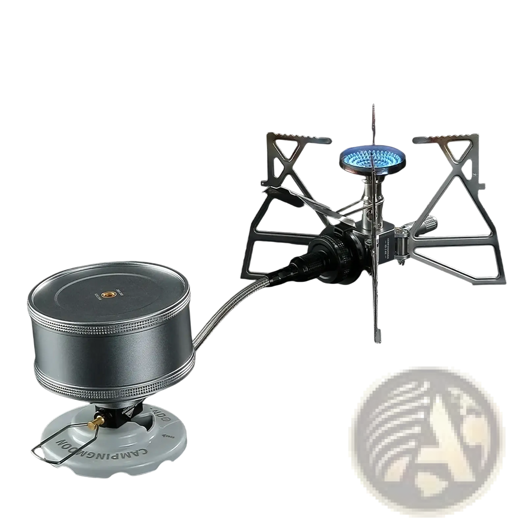 Silver campingmoon portable camping stove with blue flame and collapsible metal stand shown with gas stove extension hose and valve