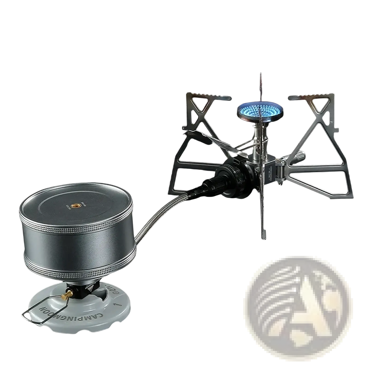 Silver campingmoon portable camping stove with blue flame and collapsible metal stand shown with gas stove extension hose and valve