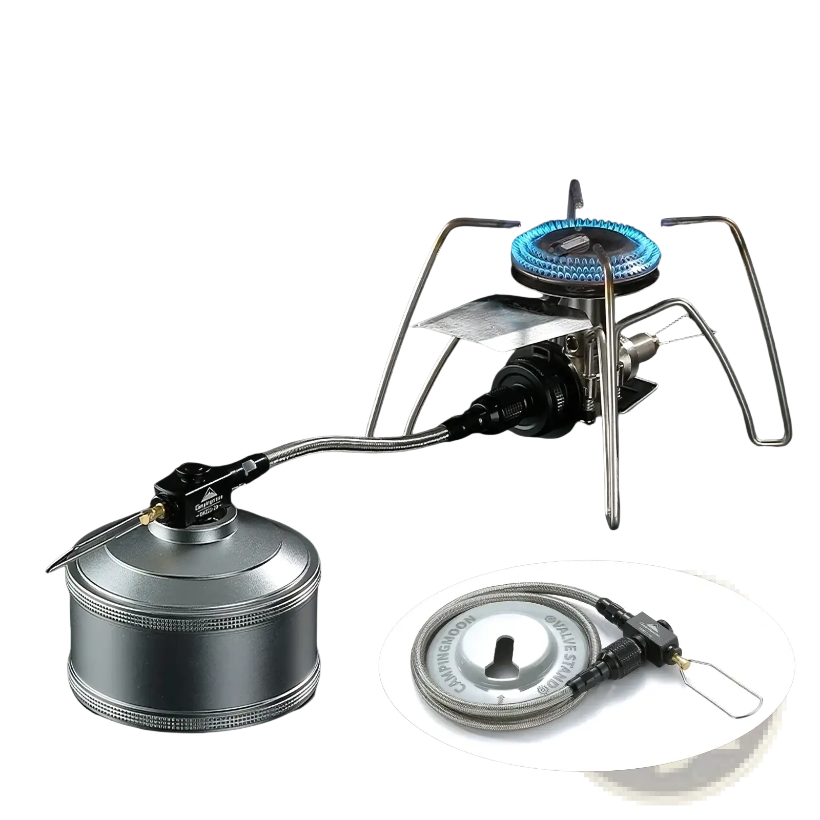 Silver Campingmoon portable gas stove with blue flame and stainless steel burner stand for outdoor camping use