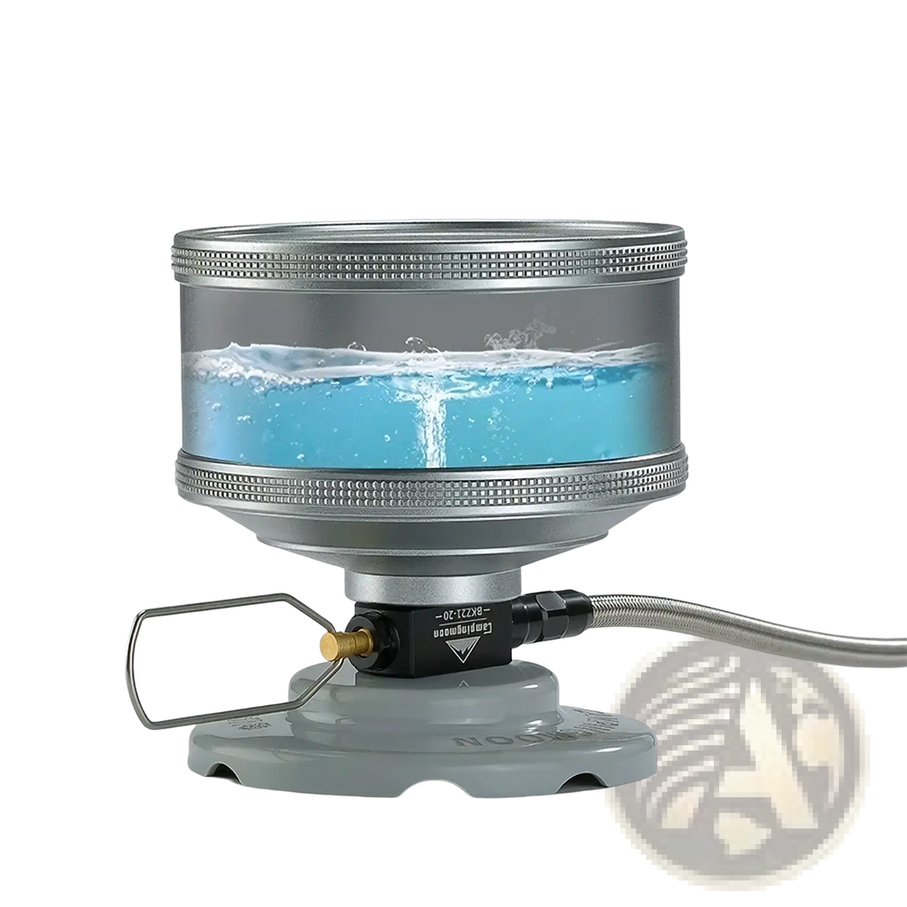 Silver Campingmoon portable camping stove with transparent cylinder of blue liquid, textured rims, and black fuel valve