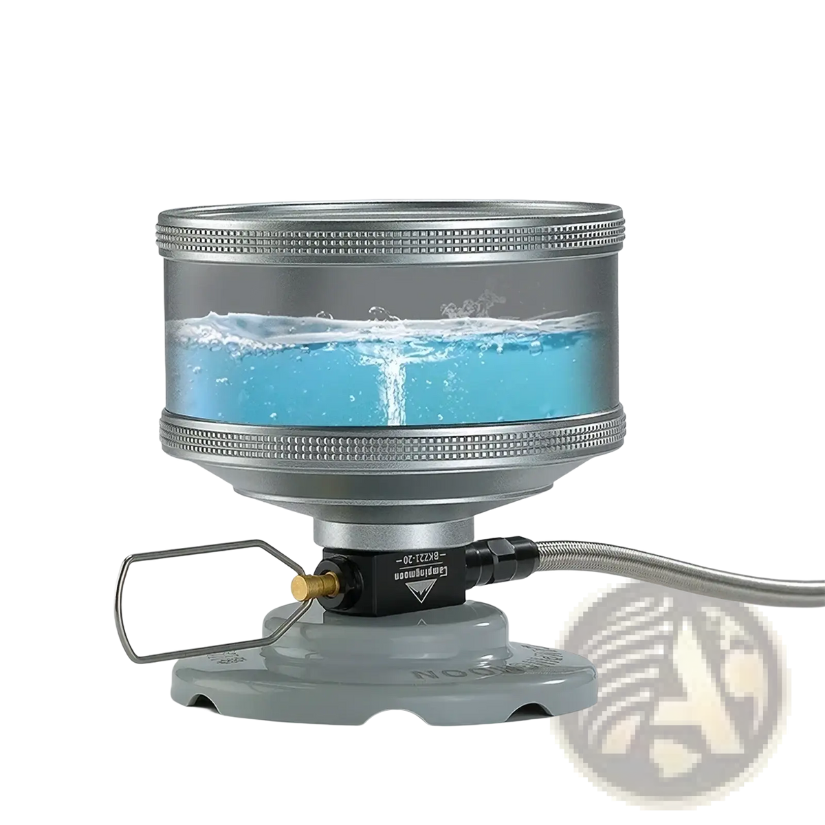 Silver Campingmoon portable camping stove with transparent cylinder of blue liquid, textured rims, and black fuel valve