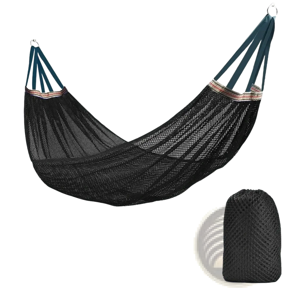 Black mesh campout outdoor hammock with teal suspension straps and matching storage bag for camping and travel use