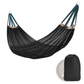 Black mesh campout outdoor hammock with teal suspension straps and matching storage bag for camping and travel use
