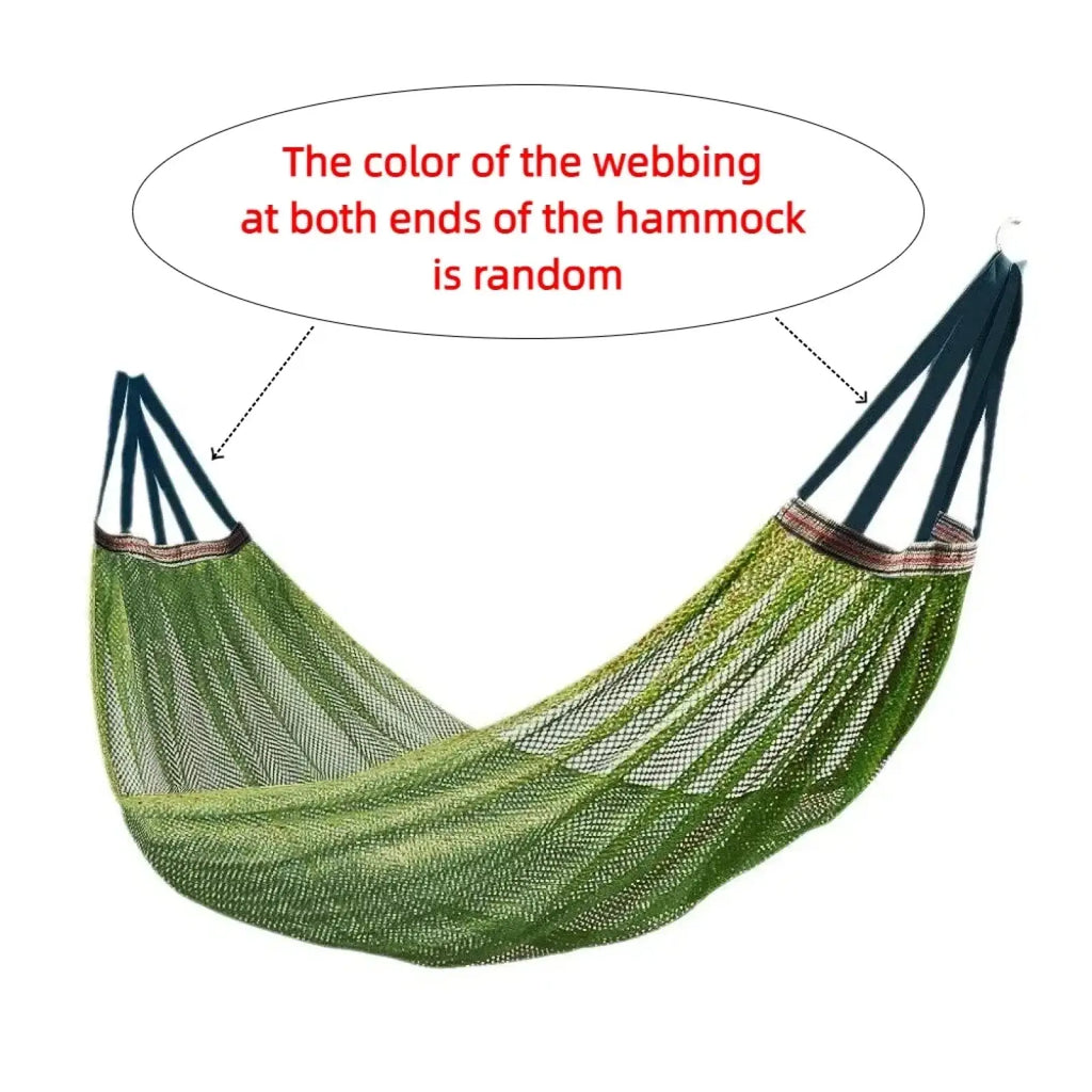 Green mesh campout outdoor hammock with dark blue webbing ends designed for camping travel and yard use