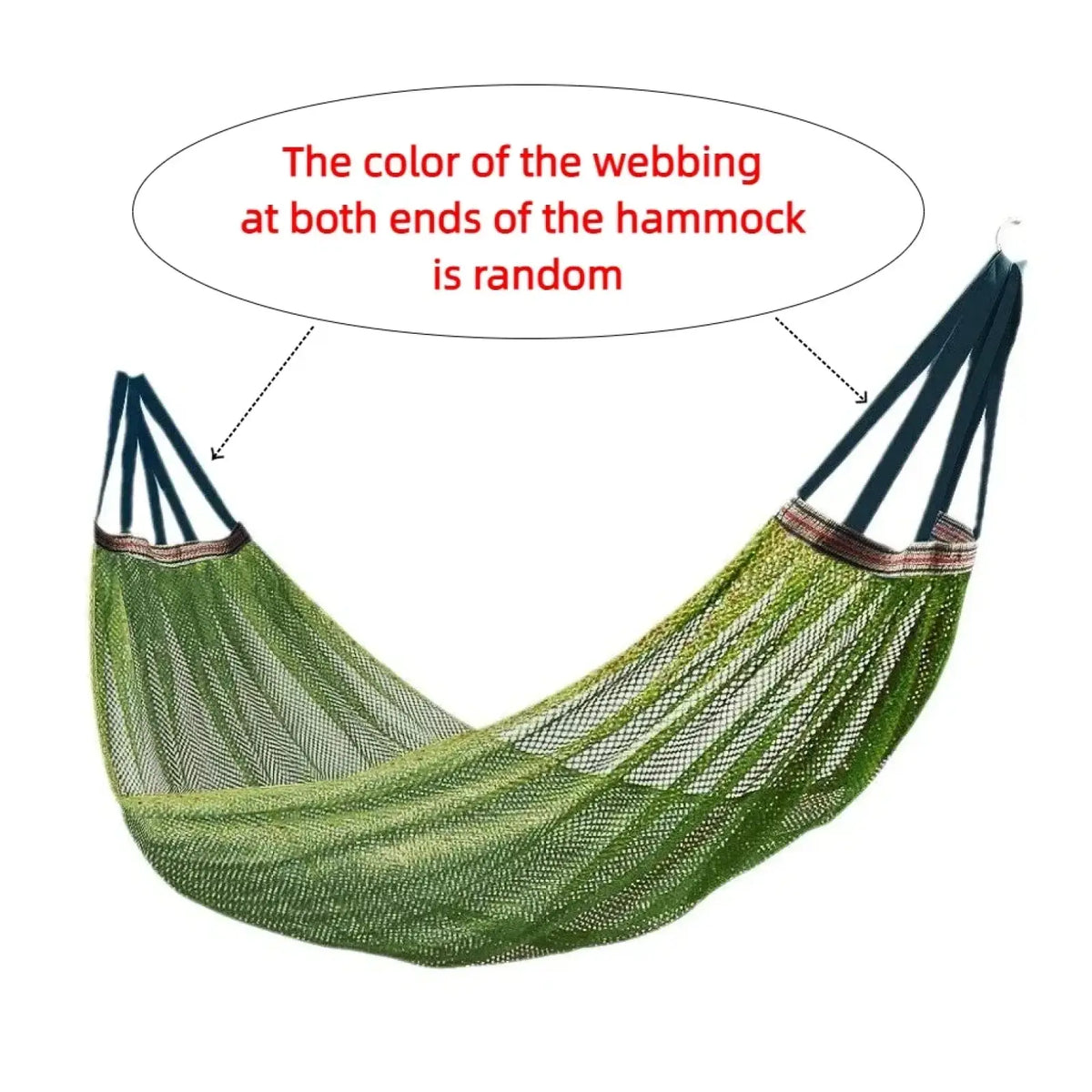 Green mesh campout outdoor hammock with dark blue webbing ends designed for camping travel and yard use