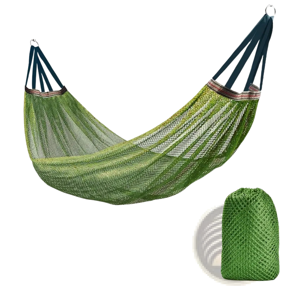 Green mesh campout outdoor hammock with navy blue straps metal rings storage bag and ropes for camping travel yard use