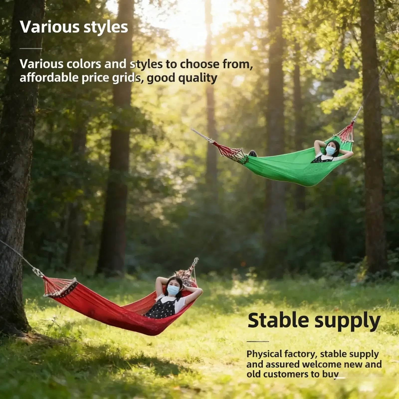 Green and red woven outdoor hammock with decorative trim for camping travel and yard use