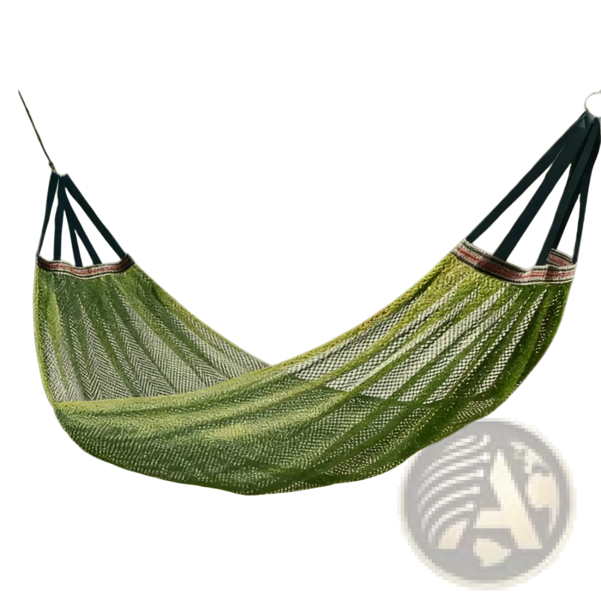 Green woven Campout outdoor hammock with dark blue straps and decorative trim for camping travel and yard use