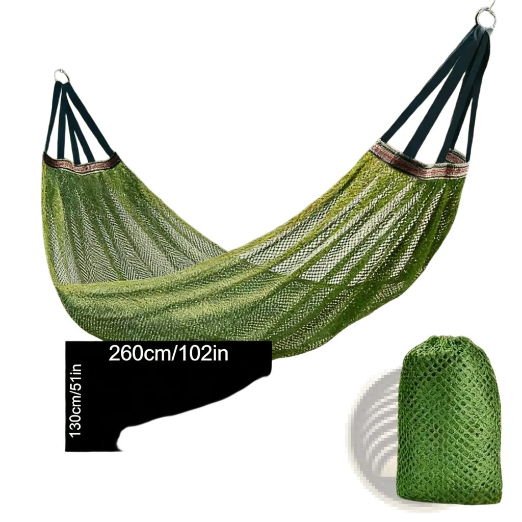 Green woven campout outdoor hammock with dark green straps and decorative trim suspended between forest trees