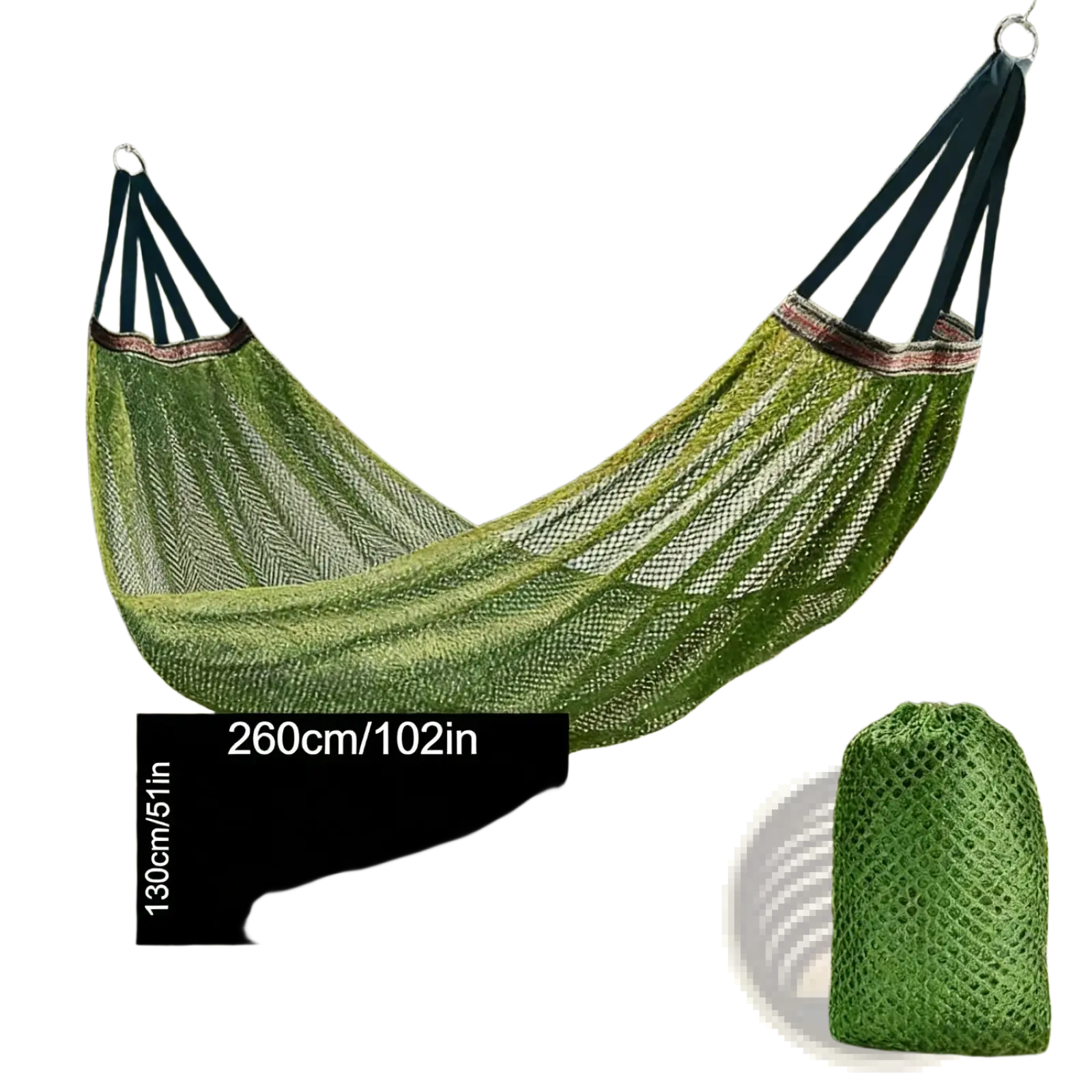 Green woven campout outdoor hammock with dark green straps and decorative trim suspended between forest trees