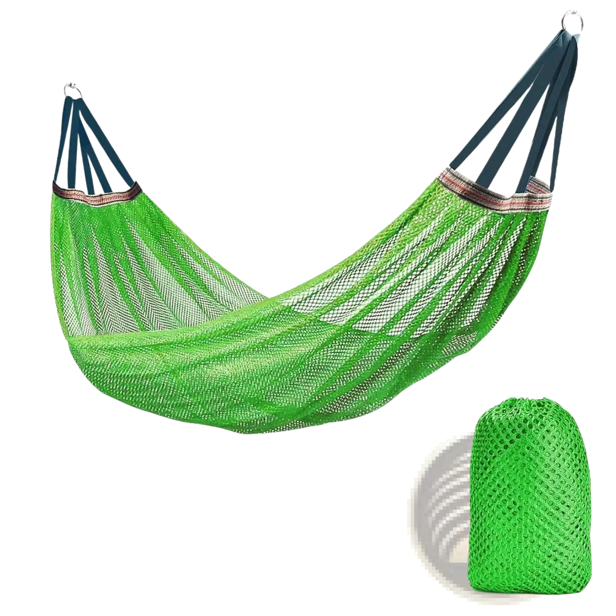 Bright green mesh campout outdoor hammock with navy blue straps and matching storage bag for camping travel yard use