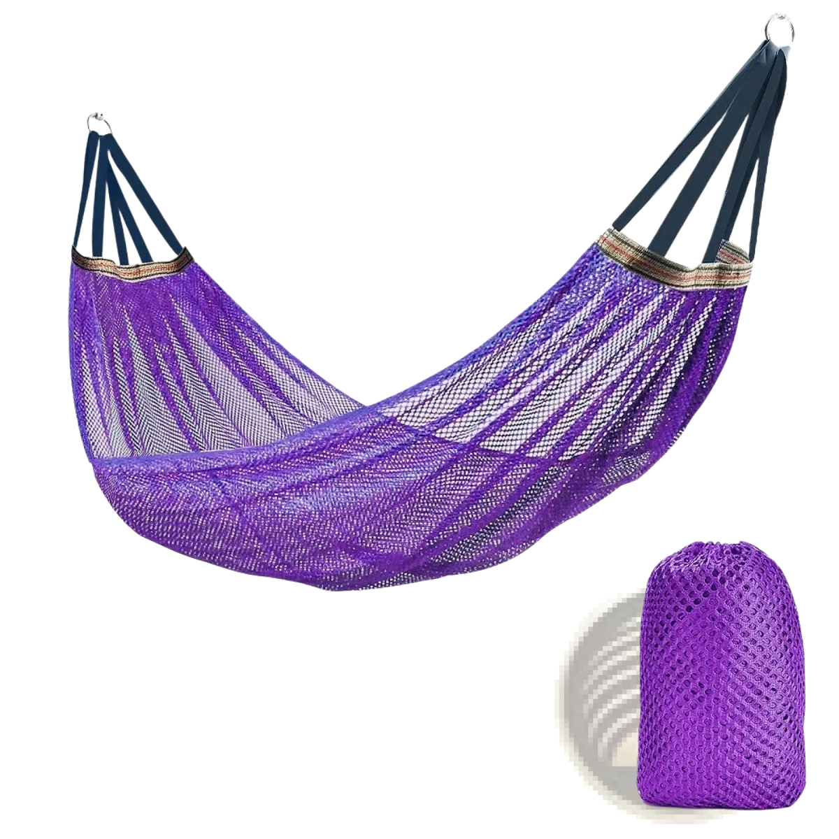 Purple mesh campout outdoor hammock with dark blue straps gold trim white rope and matching storage bag for camping travel
