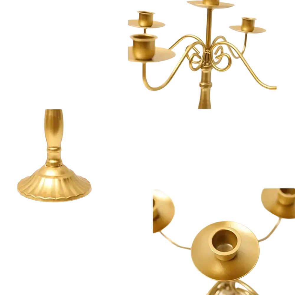 Gold-colored metal candelabra with ornate curved arms and fluted base for table decorations modern European hotel wedding