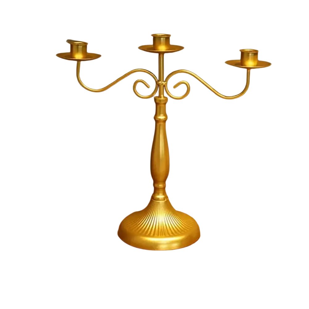 Golden three-arm candle holder with ornate scrollwork and fluted base for table decorations modern european hotel wedding