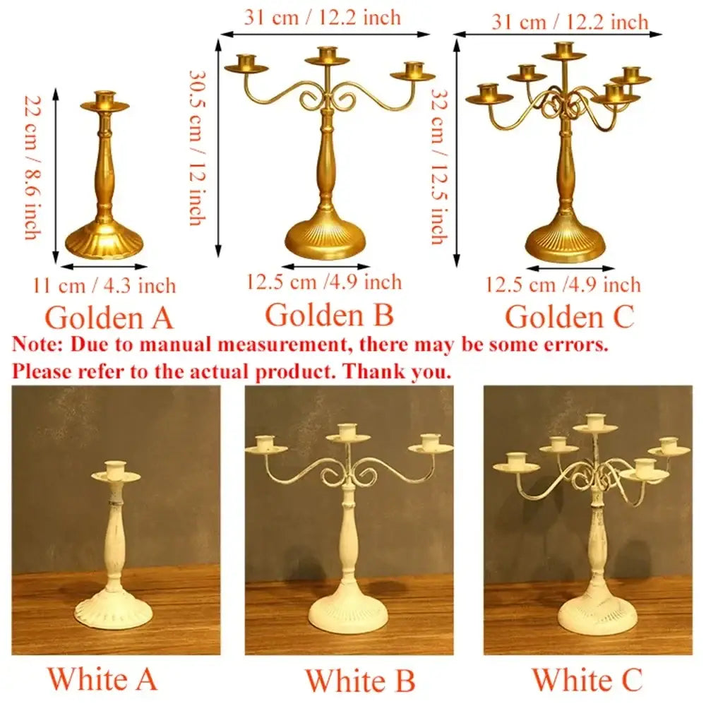 Golden and white metal candle holders with ornate curved arms and decorative bases for table decorations modern european hotel wedding