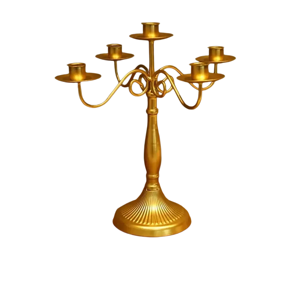 Golden brass candelabra with five ornate arms and fluted base for table decorations modern european hotel wedding