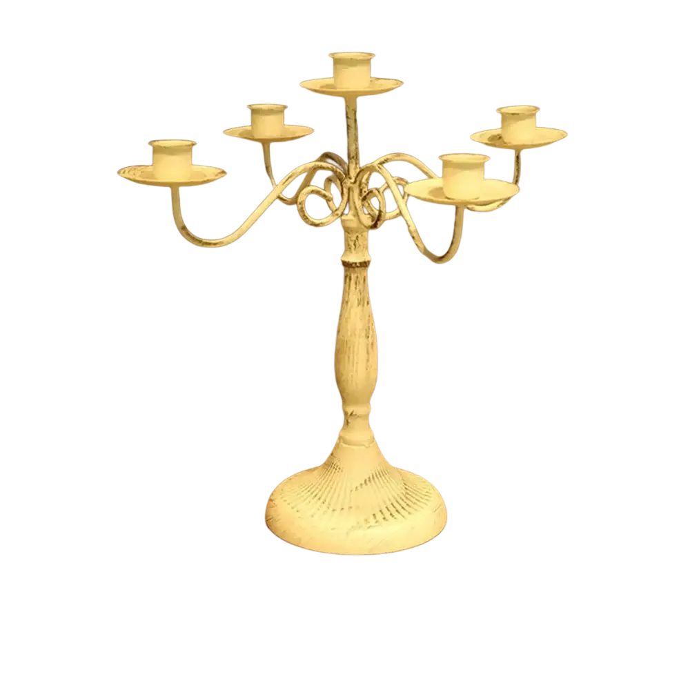 White distressed metal candelabra with five ornate arms for table decorations modern european hotel wedding