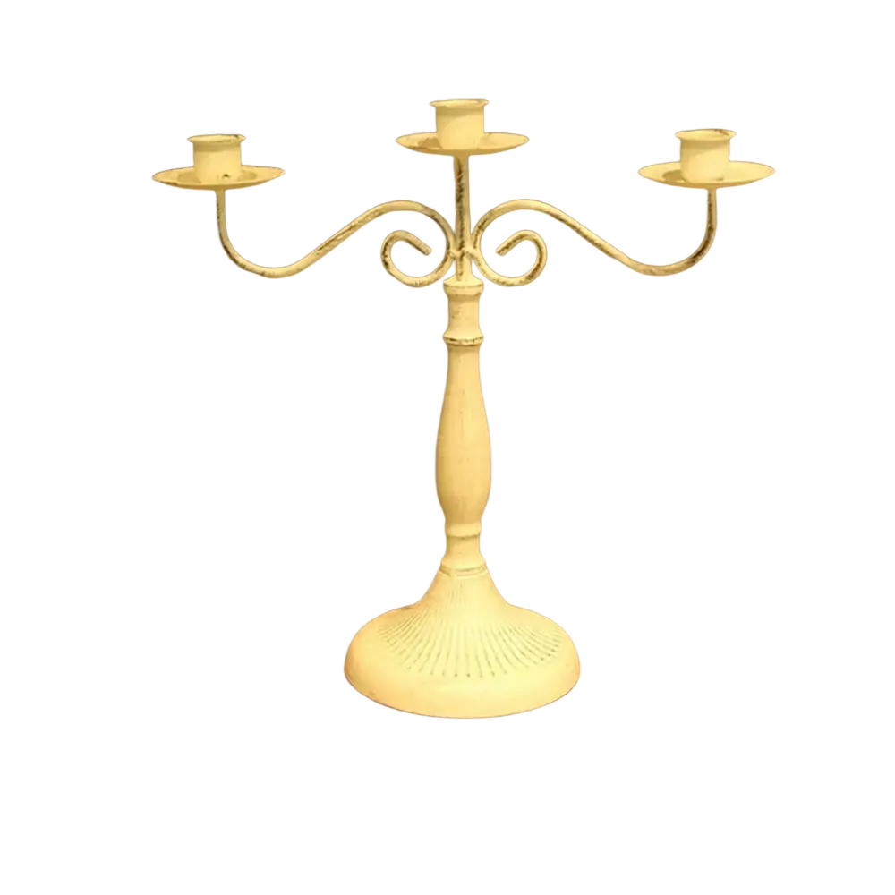 White distressed metal three-arm candle holder with ornate scrolled arms and fluted base for modern table decorations European hotel wedding decoration