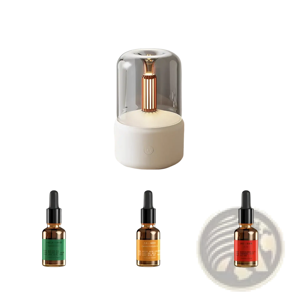 White cylindrical candle light aroma diffuser usb humidifier with clear glass dome and rose gold central column 120ml