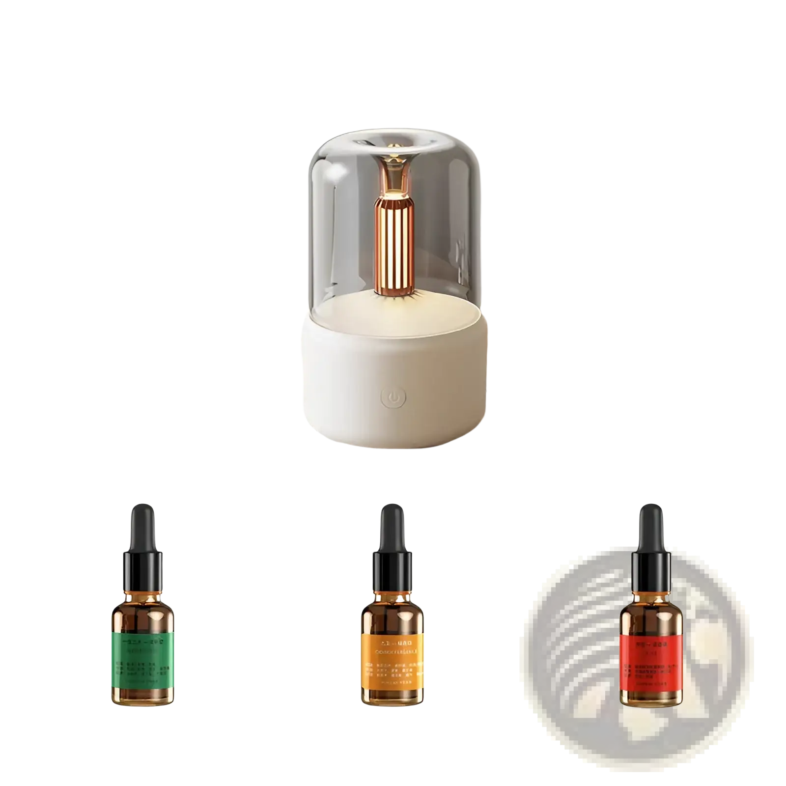 White cylindrical candle light aroma diffuser usb humidifier with clear glass dome and rose gold central column 120ml