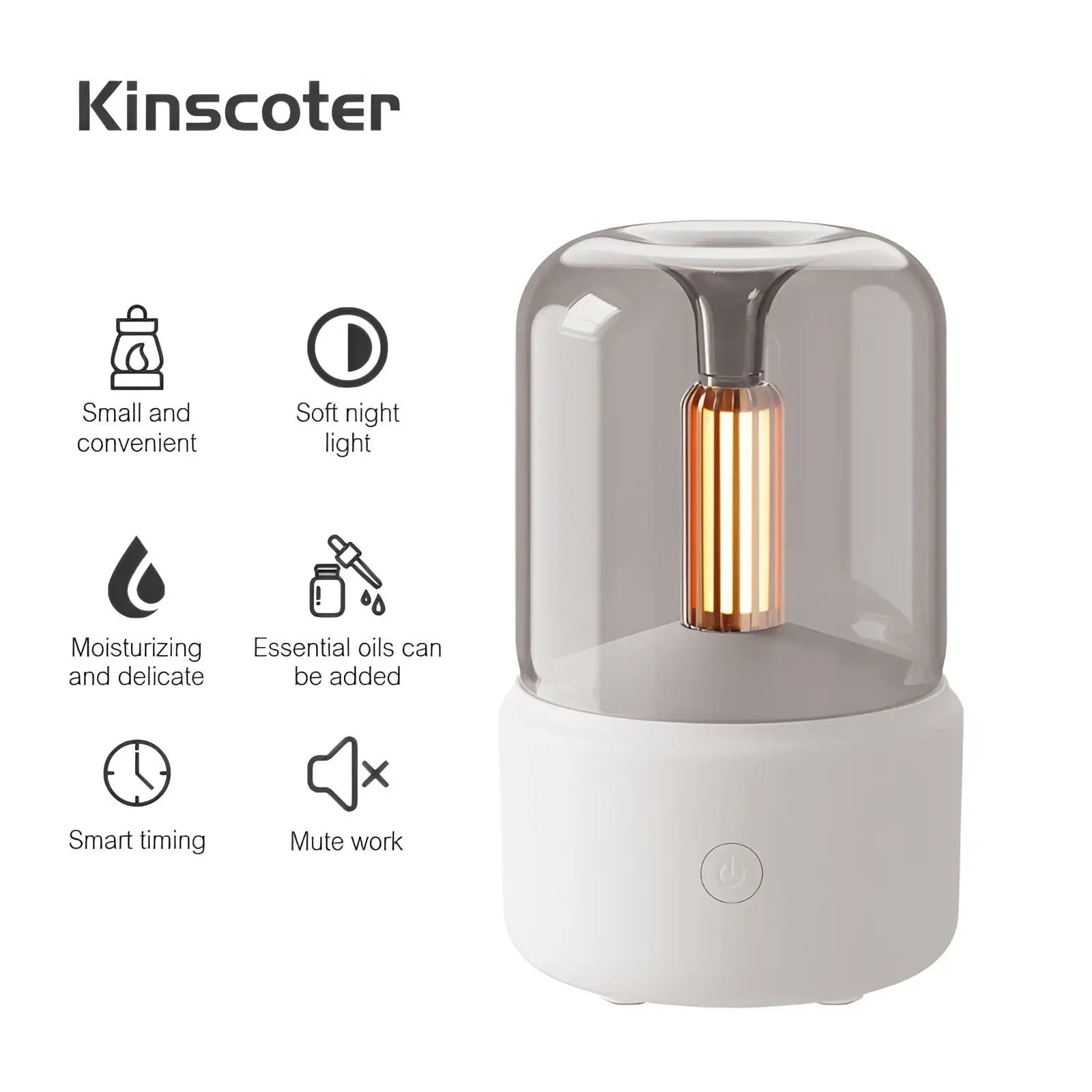 Kinscoter candle light aroma diffuser usb humidifier with 120ml translucent gray dome and white base with gold light