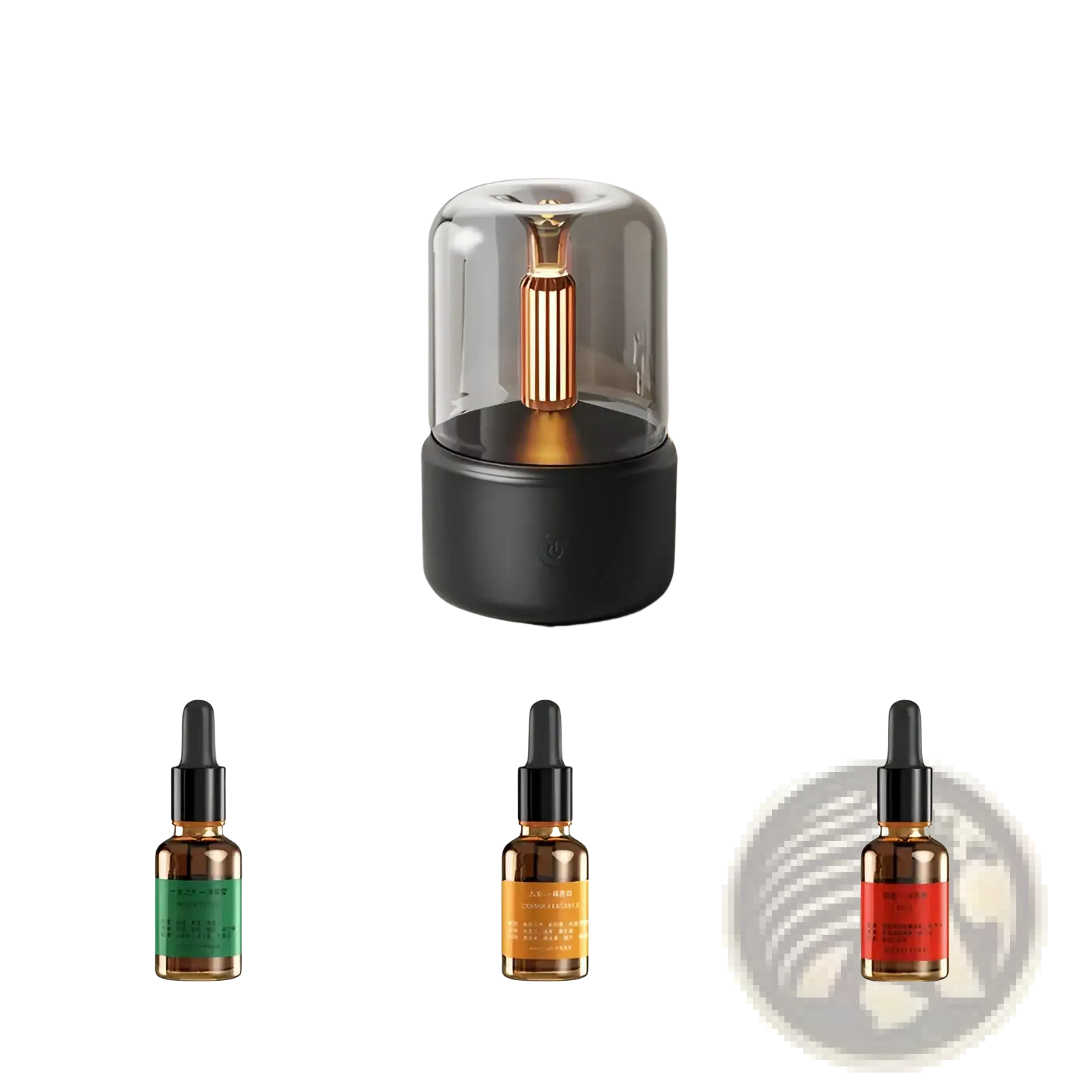 Black cylindrical candle light aroma diffuser usb humidifier with transparent glass dome and golden vertical element