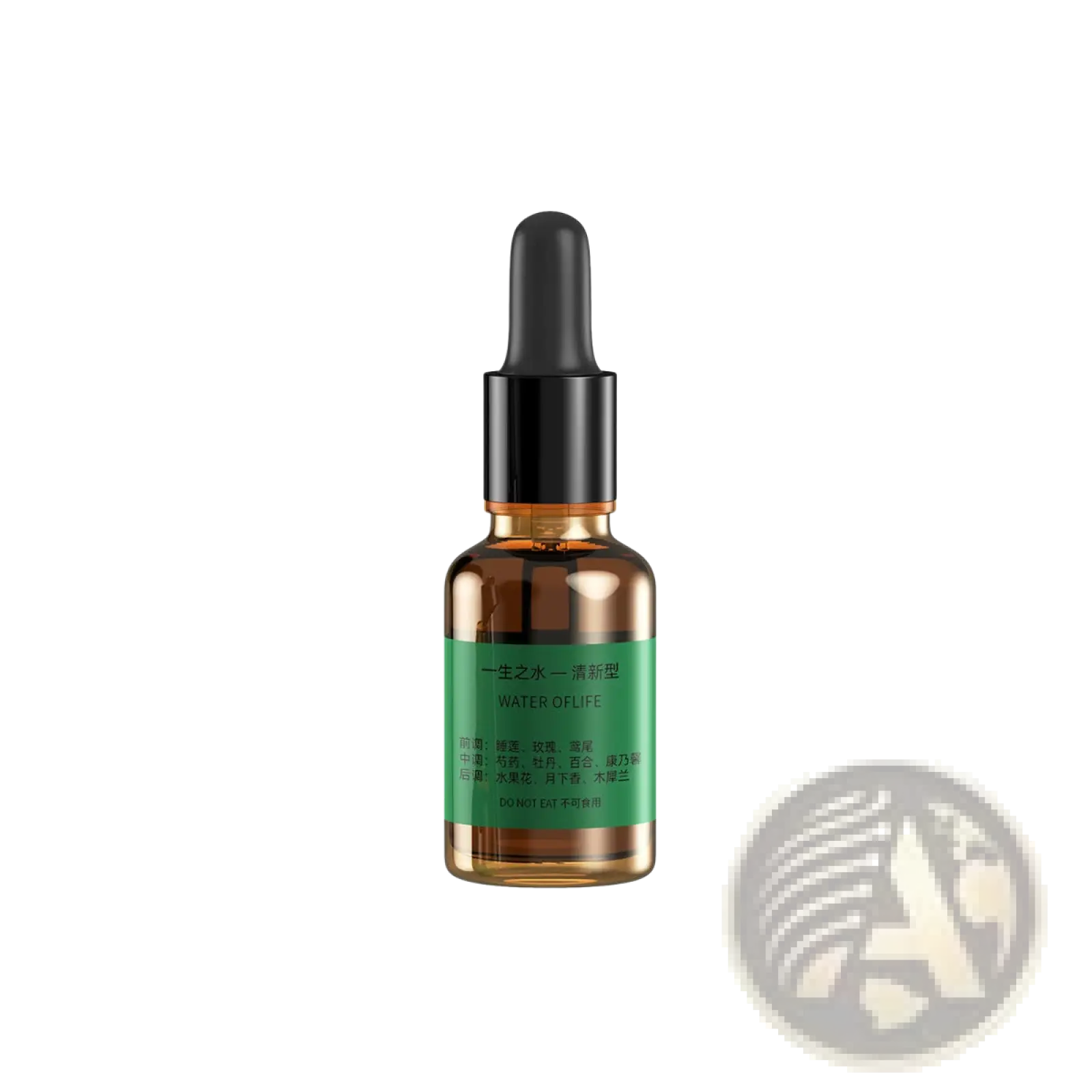 A sleek amber glass candle light aroma diffuser usb humidifier bottle with black dropper cap and water of life label