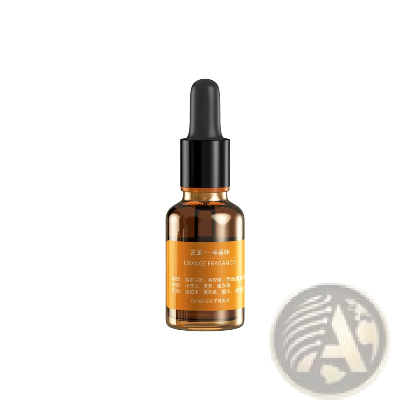 A sleek amber glass bottle with a black dropper cap and orange label for orange fragrance in a candle light aroma diffuser usb humidifier