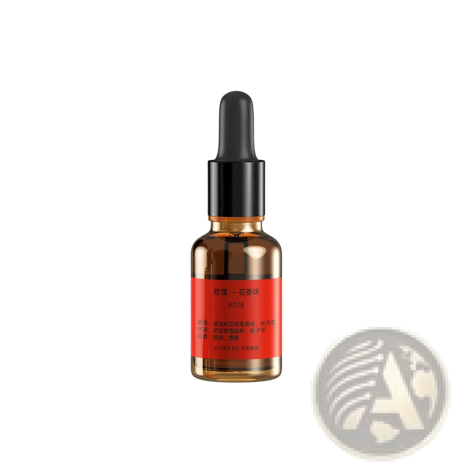 A sleek amber glass bottle with black dropper cap and red rose label for Candle Light Aroma Diffuser USB Humidifier 120ml