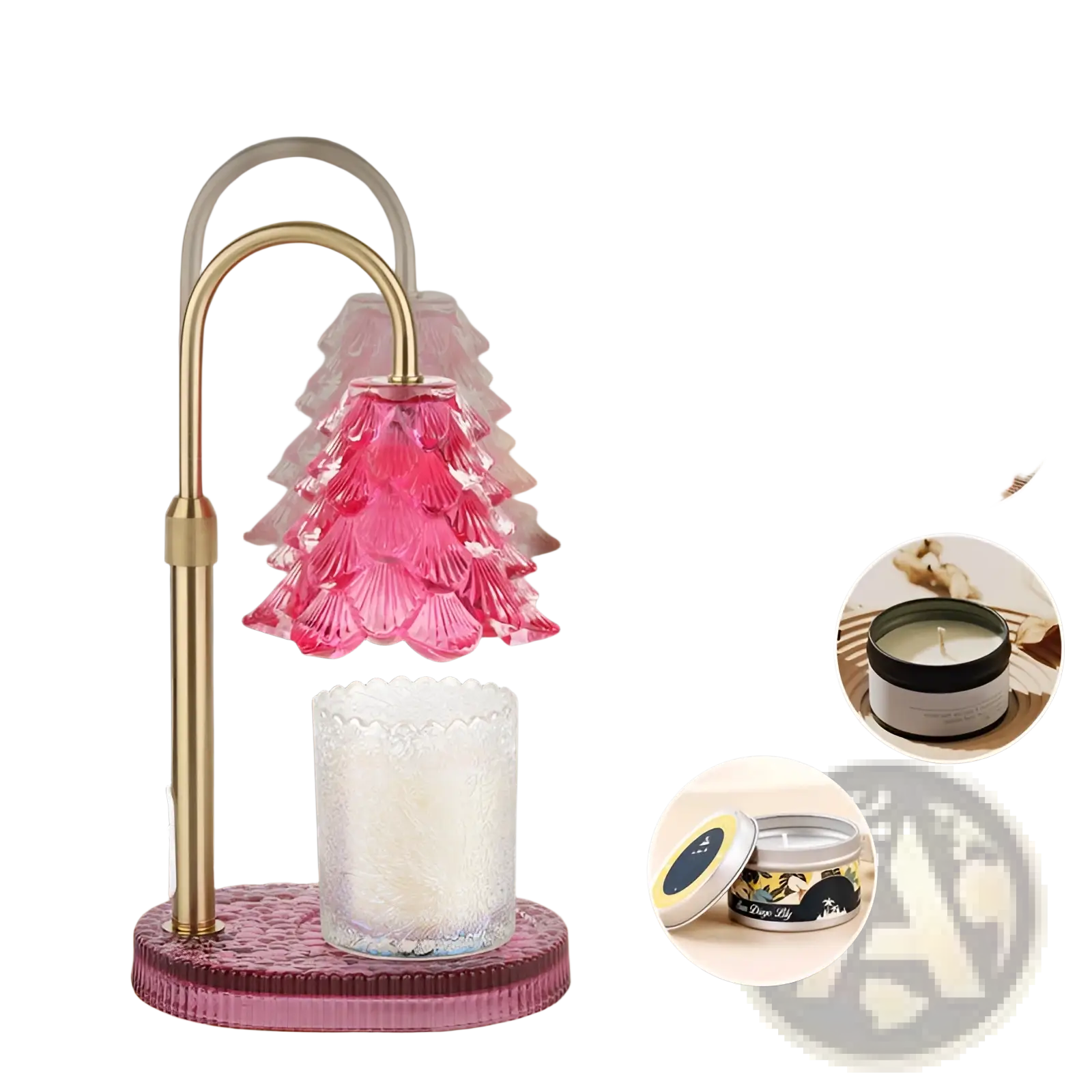 Pink scalloped glass candle warmer lamp with timer and adjustable height on gold toned metal stand and base