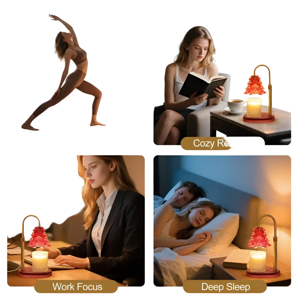 Coral-colored glass candle warmer lamp with timer and adjustable height featuring a curved brass base and stand