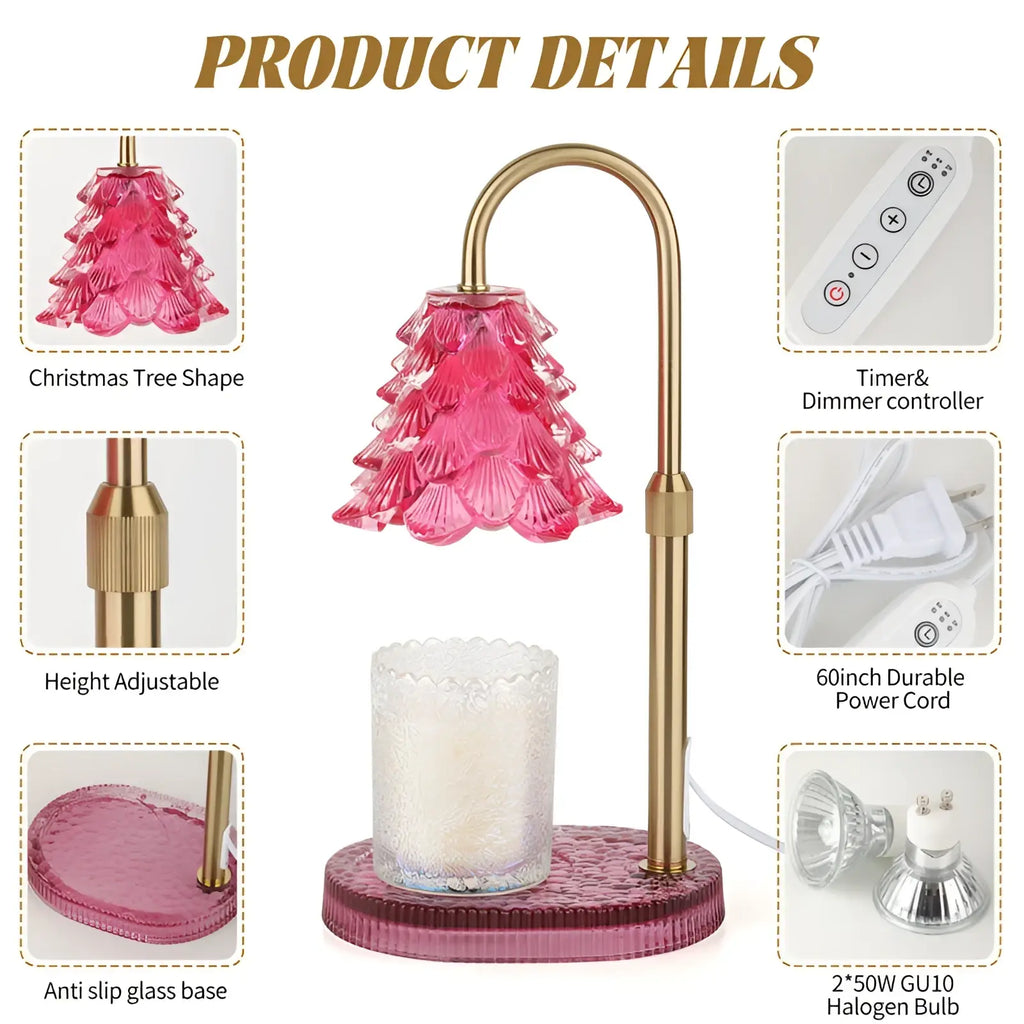 Candle warmer lamp with timer and adjustable height featuring a pink glass christmas tree shape and gold-toned metal stand