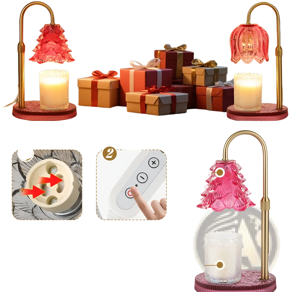 Pink glass christmas tree-shaped candle warmer lamp with timer and adjustable height on gold metal base
