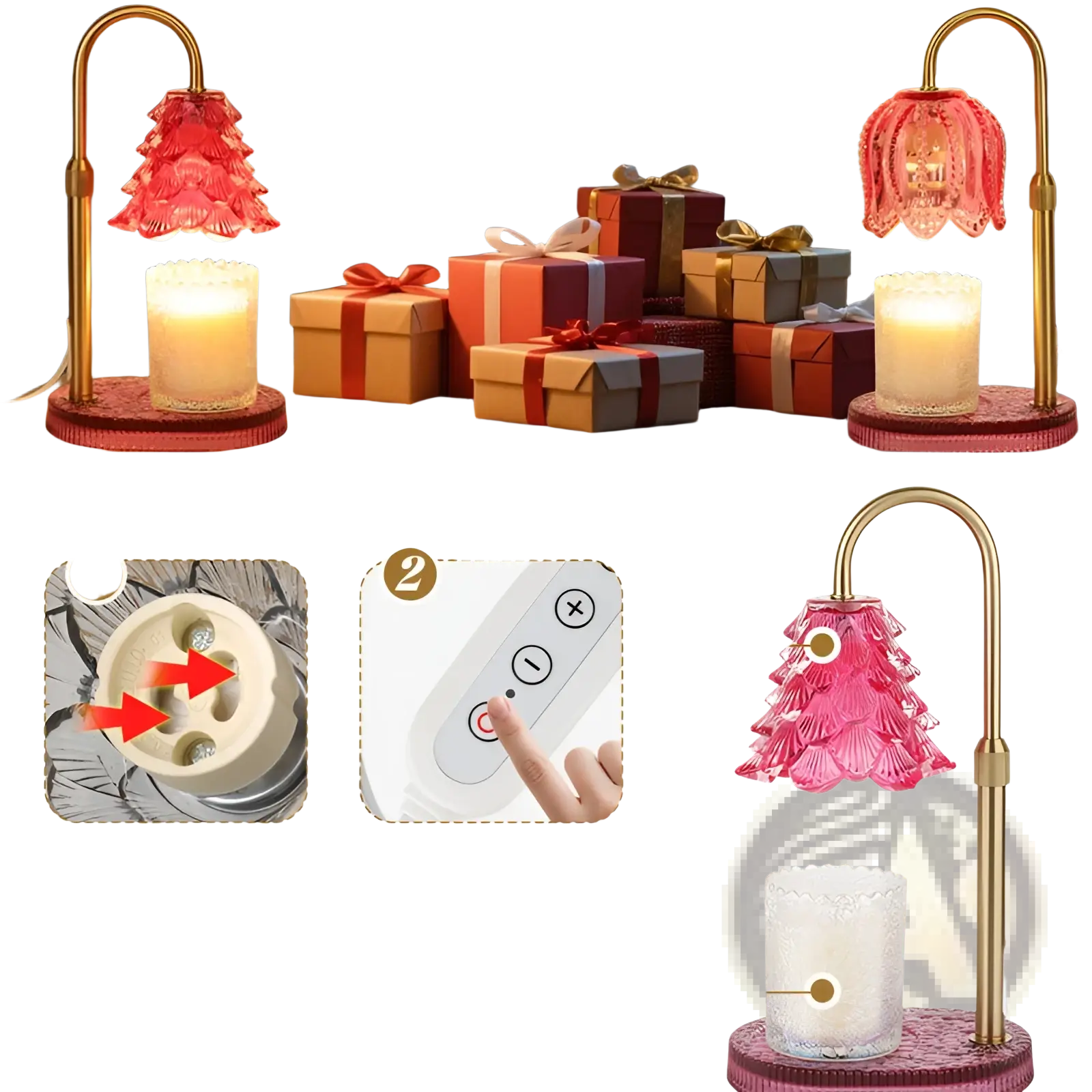 Pink glass christmas tree-shaped candle warmer lamp with timer and adjustable height on gold metal base