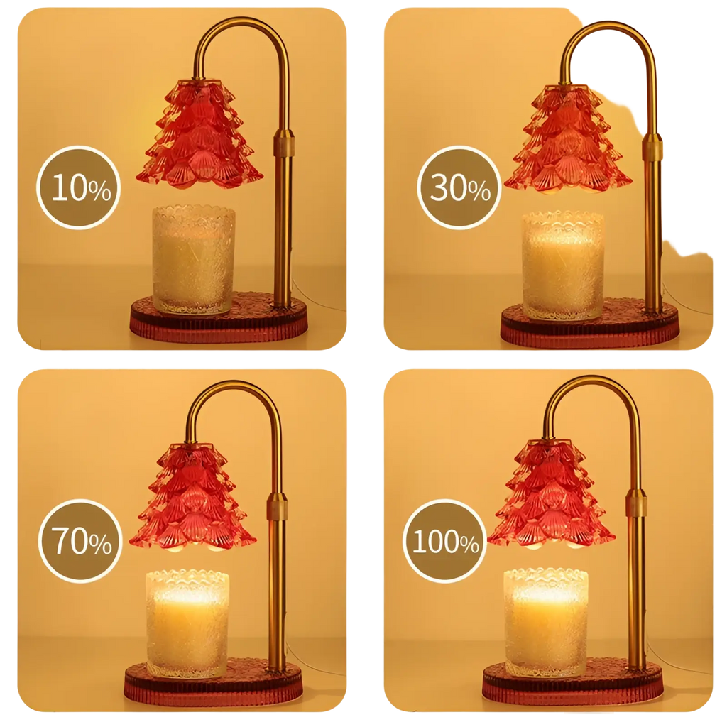 Candle warmer lamp with timer and adjustable height featuring a red glass christmas tree lampshade and gold metal stand