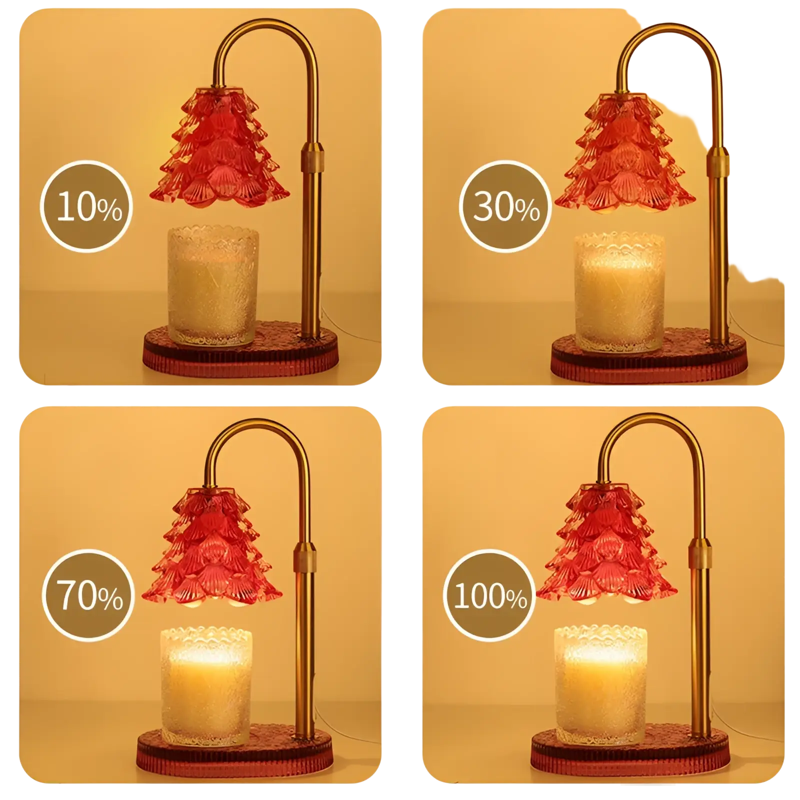 Candle warmer lamp with timer and adjustable height featuring a red glass christmas tree lampshade and gold metal stand
