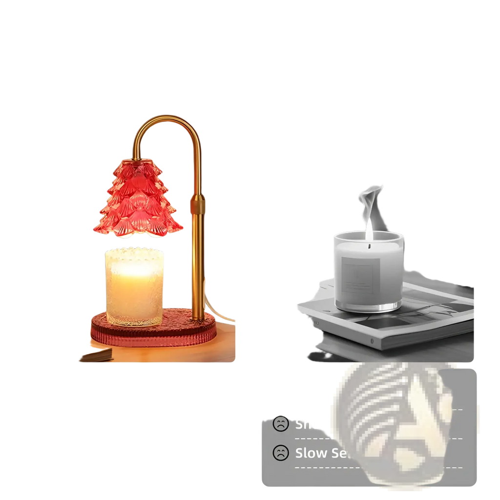 Candle warmer lamp with timer and adjustable height featuring a red glass warmer with gold-toned metal stand and base