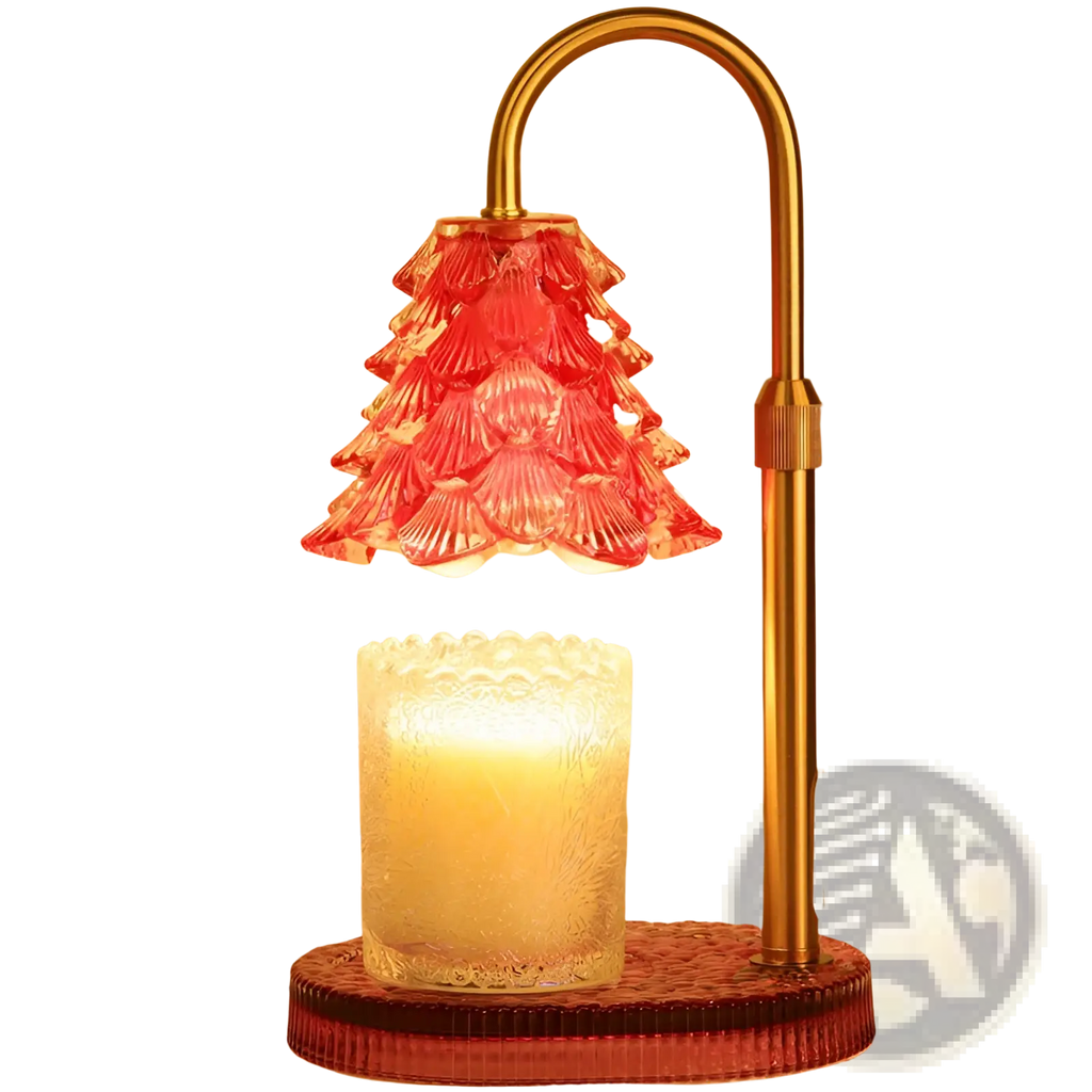 A red tiered glass candle warmer lamp with brass stand base timer and adjustable height for home use