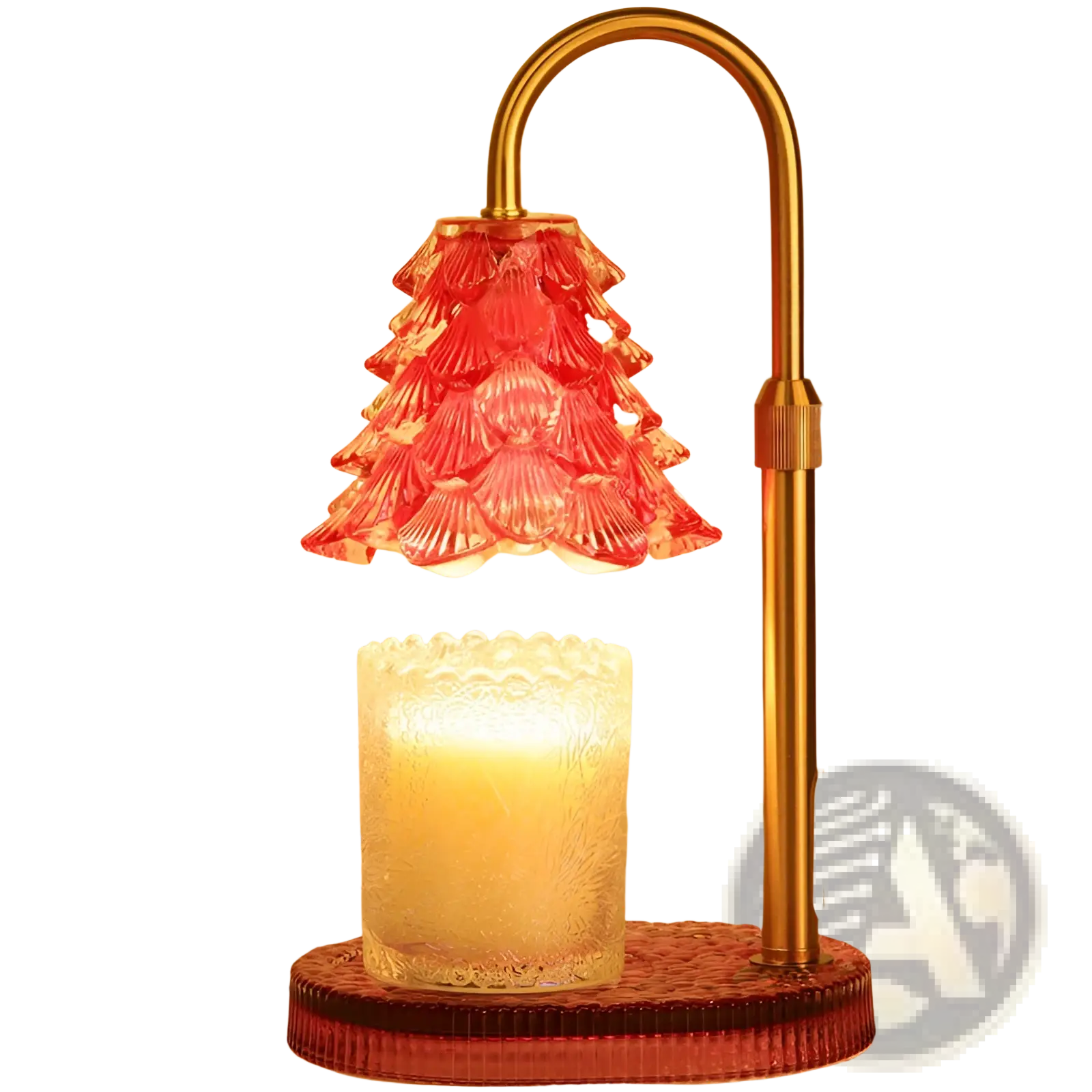 A red tiered glass candle warmer lamp with brass stand base timer and adjustable height for home use
