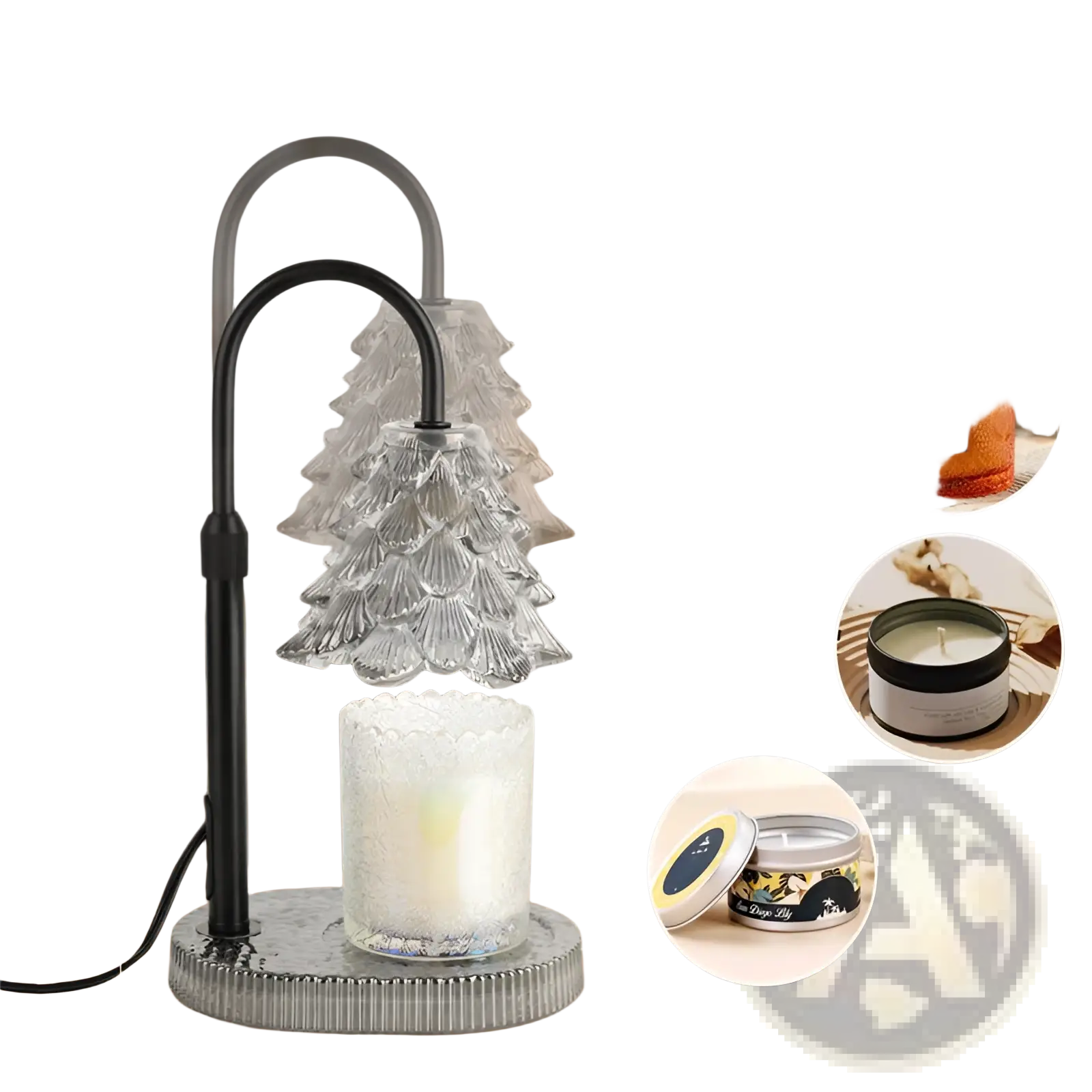 Clear glass christmas tree candle warmer lamp with black metal stand base timer and adjustable height features