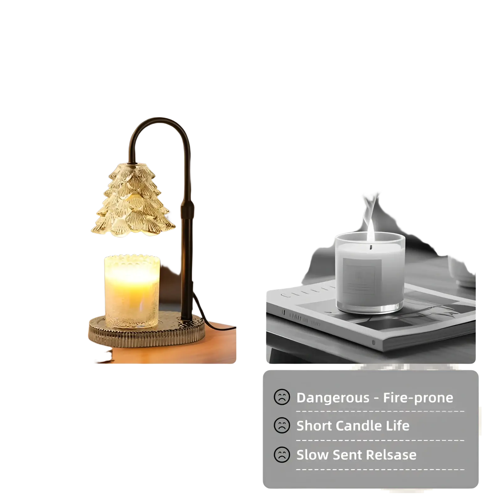 Gold-toned tree-shaped candle warmer lamp with timer, adjustable curved stand, and textured base for safe candle heating