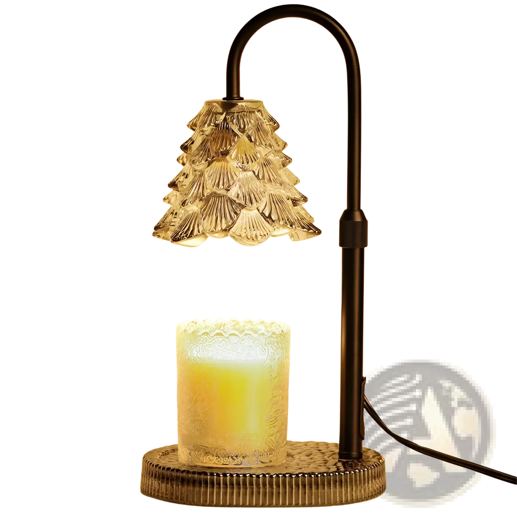 Candle warmer lamp with timer and adjustable black metal stand featuring a vintage-style scalloped glass shade
