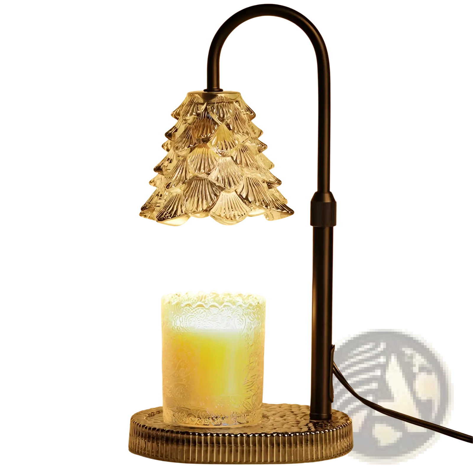 Candle warmer lamp with timer and adjustable black metal stand featuring a vintage-style scalloped glass shade