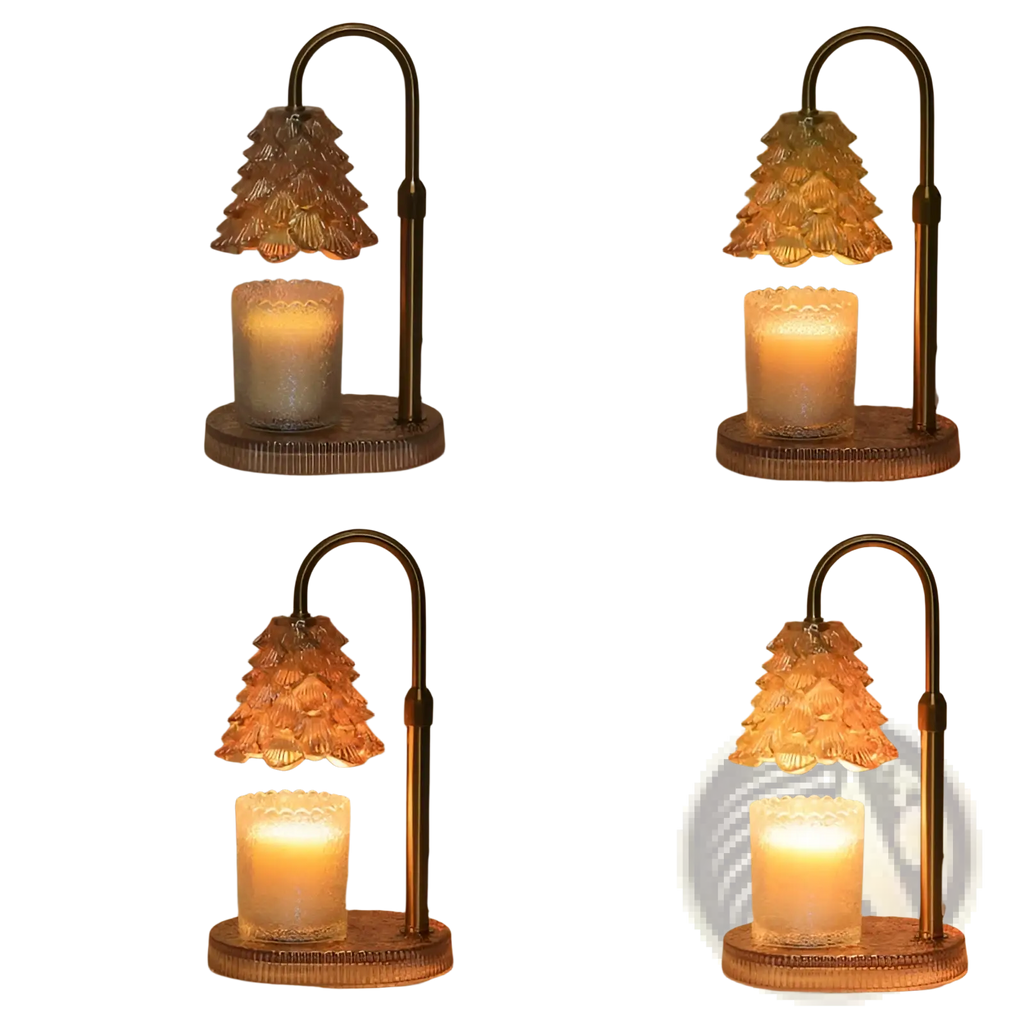 A warm-toned brass candle warmer lamp with timer adjustable stand and decorative glass tree-shaped shade