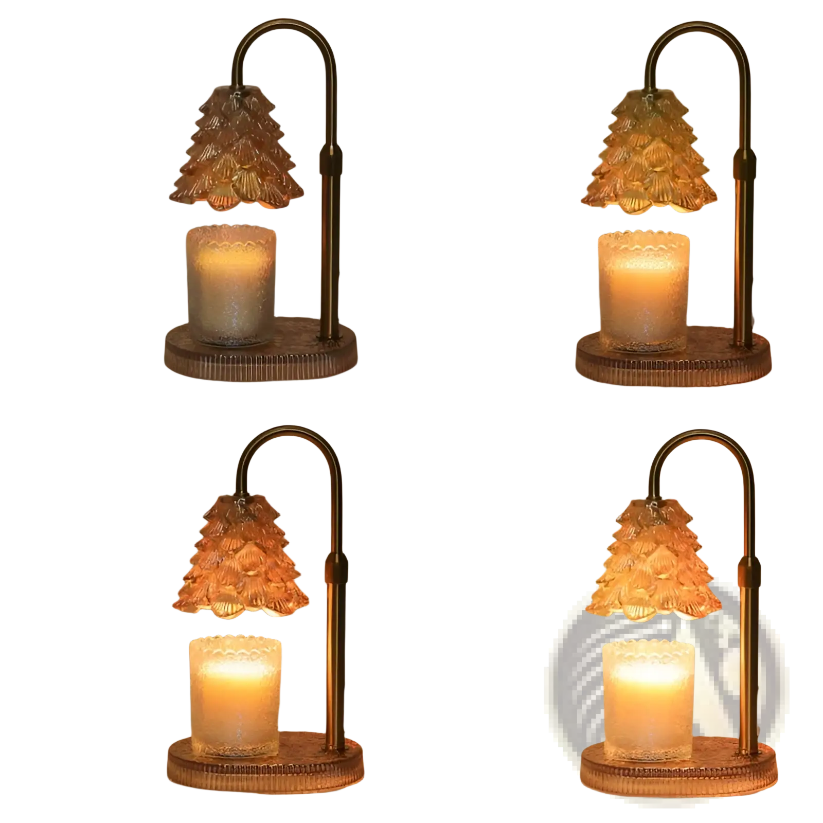 A warm-toned brass candle warmer lamp with timer adjustable stand and decorative glass tree-shaped shade
