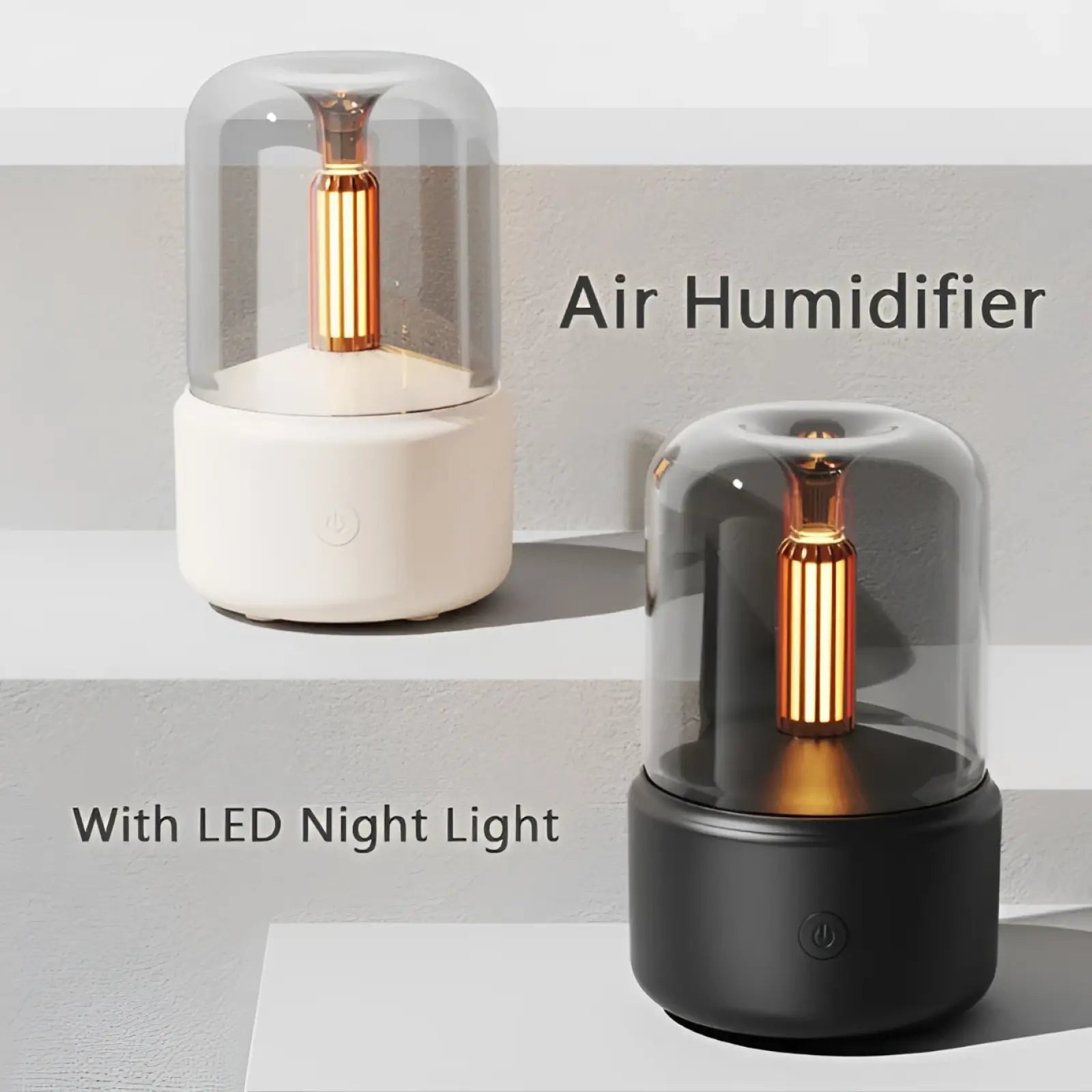 Modern minimalist candlelight aroma diffuser usb mist humidifier with a glass dome and golden filament in white and black bases