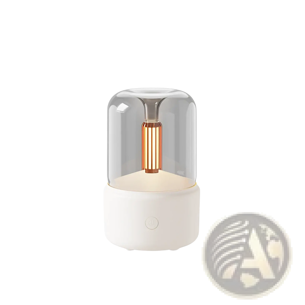 A candlelight aroma diffuser usb mist humidifier with a translucent glass dome and copper led bulb on a white base